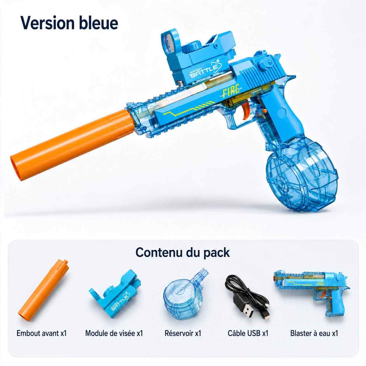 Contenu du pack BLASTEAU : blaster, reservoir, module de visee, embout, cable USB