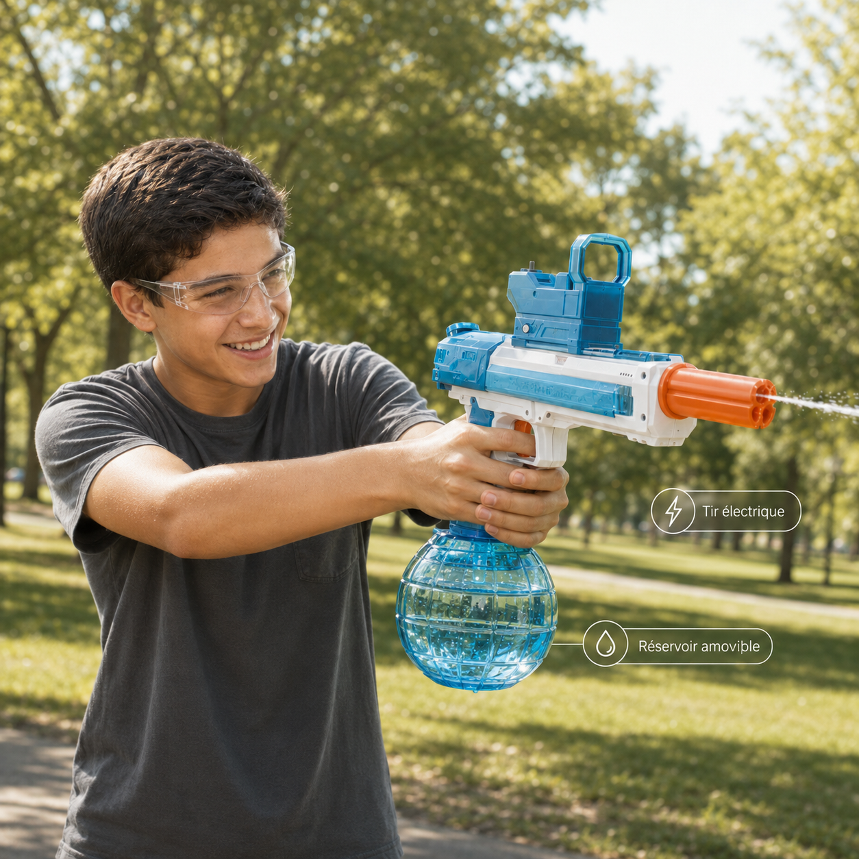 Enfant tirant avec le blaster a eau electrique BLASTEAU - tir electrique et reservoir amovible