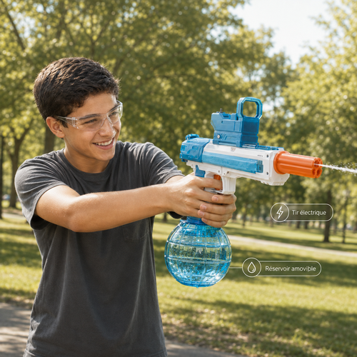 Enfant tirant avec le blaster a eau electrique BLASTEAU - tir electrique et reservoir amovible