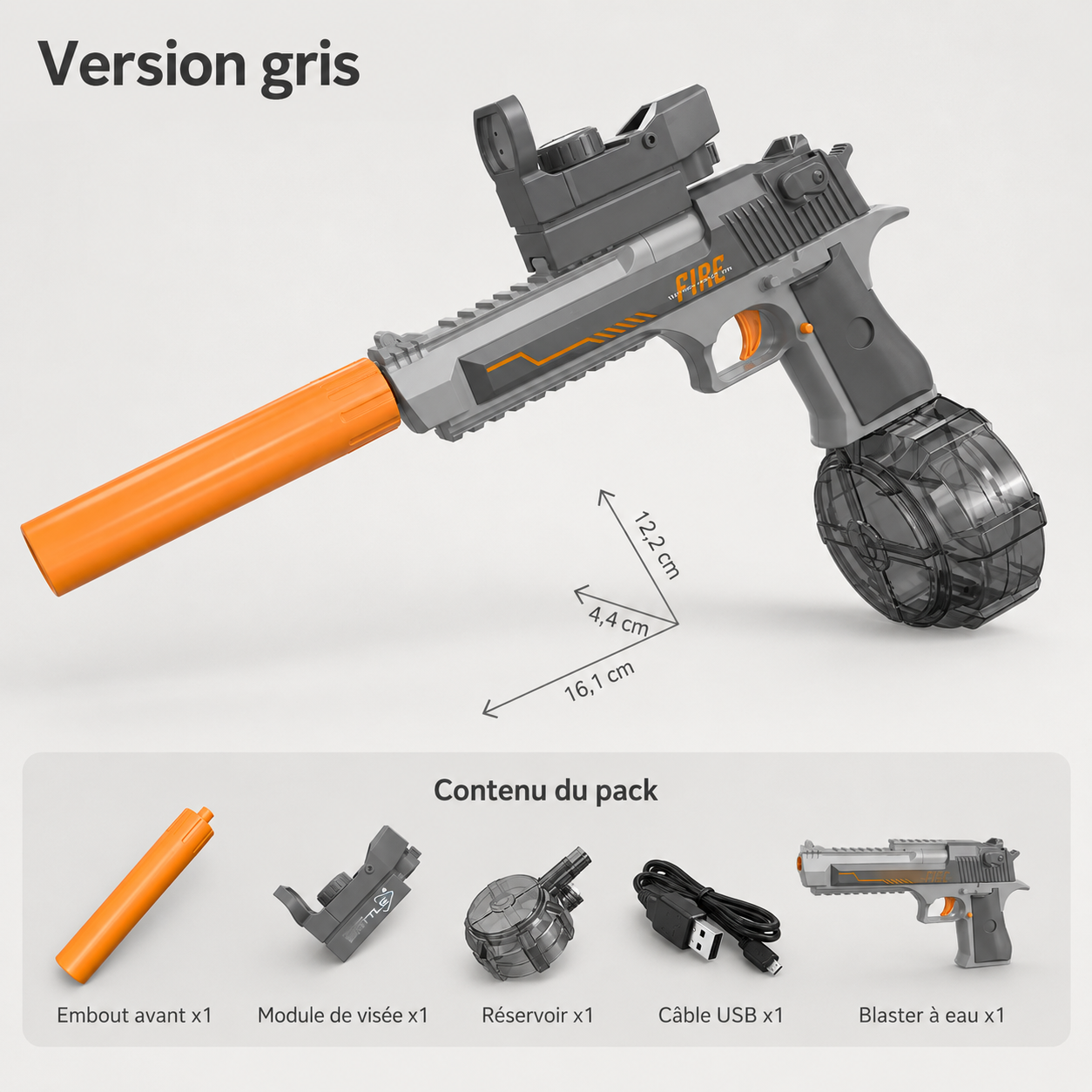 Pistolet a eau electrique SplasherWave coloris gris - dimensions, contenu du pack et caracteristiques techniques du blaster automatique