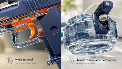 Gros plan sur le mode manuel et le reservoir amovible du blaster BLASTEAU