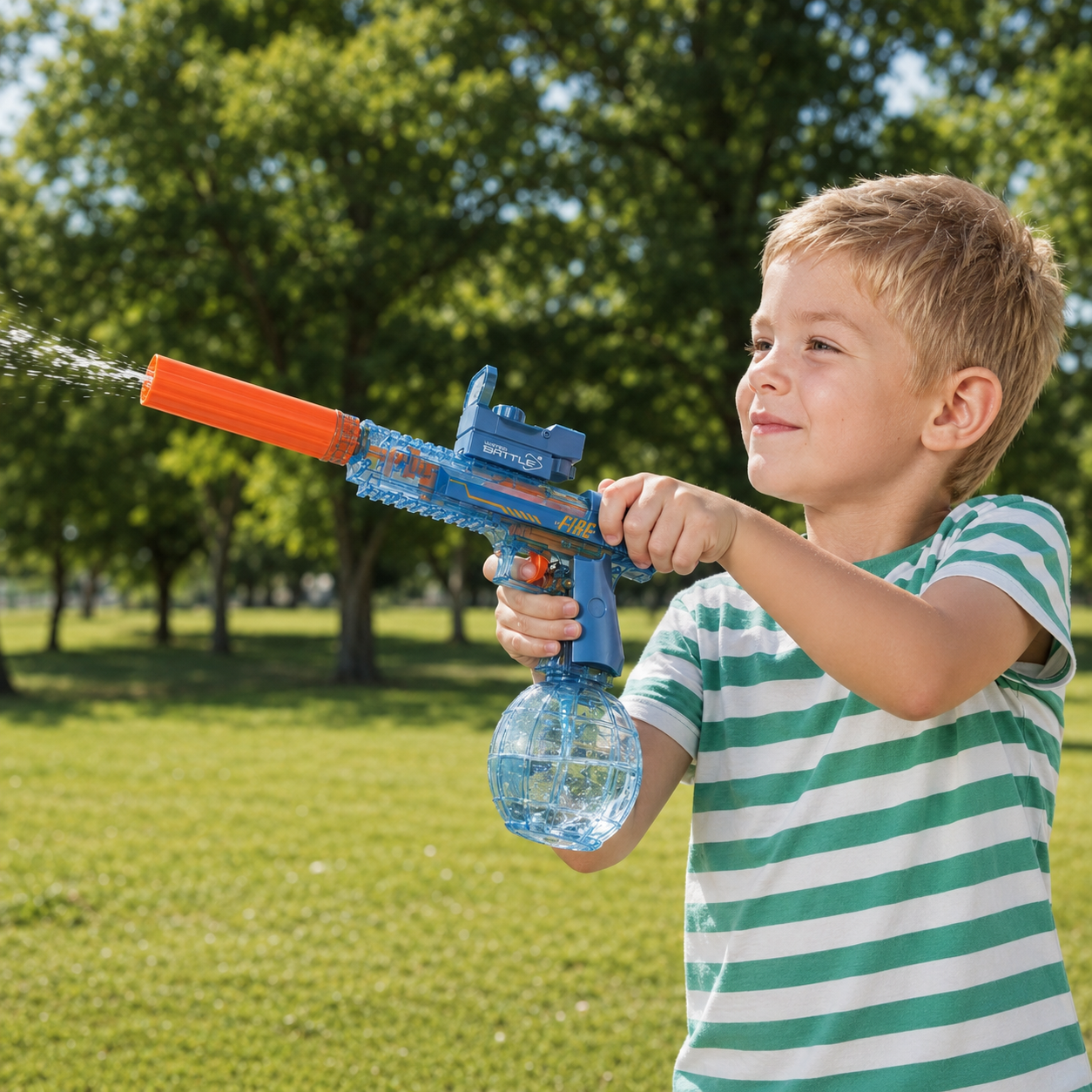 Enfant jouant avec son pistolet a eau electrique SplasherWave dans le jardin - jeu d'exterieur et bataille d'eau ete 2026